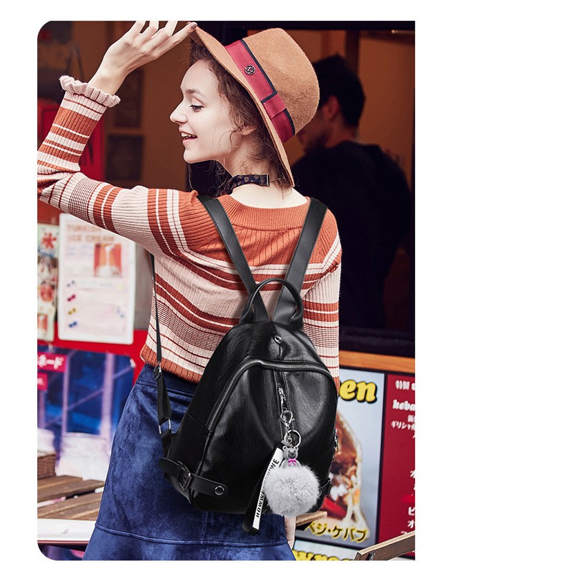 CYS Tas Ransel Mini Wanita Fashion Kulit PU Hitam Polos Kuliah Kerja Fashion Style Kasual T247