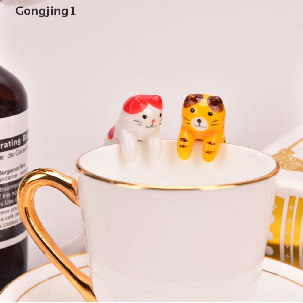 Gongjing1 1pc Sendok Teh / Kopi / Dessert Bahan Keramik Desain Kucing Kartun