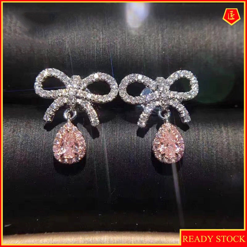 Anting Stud Bentuk Water Drop Pear Aksen Berlian Warna Pink