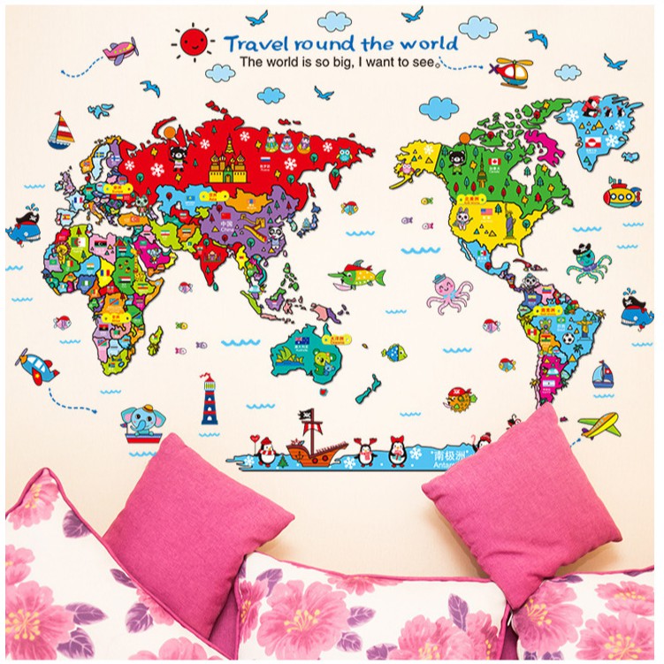 Reliza Wall Sticker Peta Dunia Map Travel Round the World Stiker Dinding  LDR9261