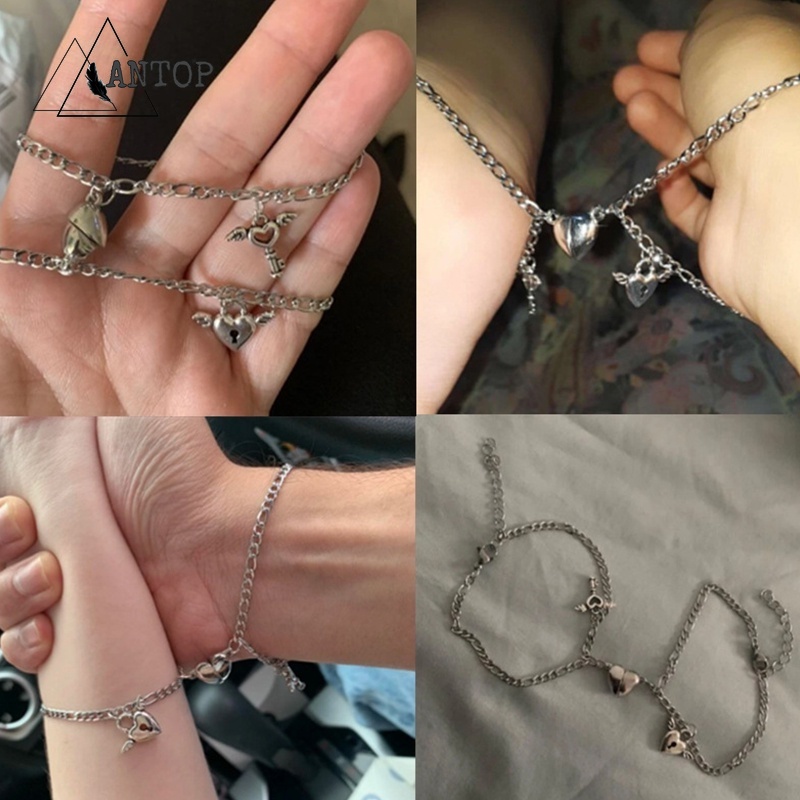 2 Pcs Fashion Cinta Gelang Pasangan Magnetik Kesederhanaan Rantai Paduan Aksesoris Hadiah ANTOP