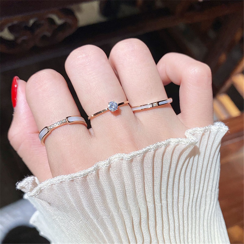1 pcs Korea Titanium Steel Light Luxury Rose Gold Cincin Tipis Berlian Enam cakar untuk Wanita