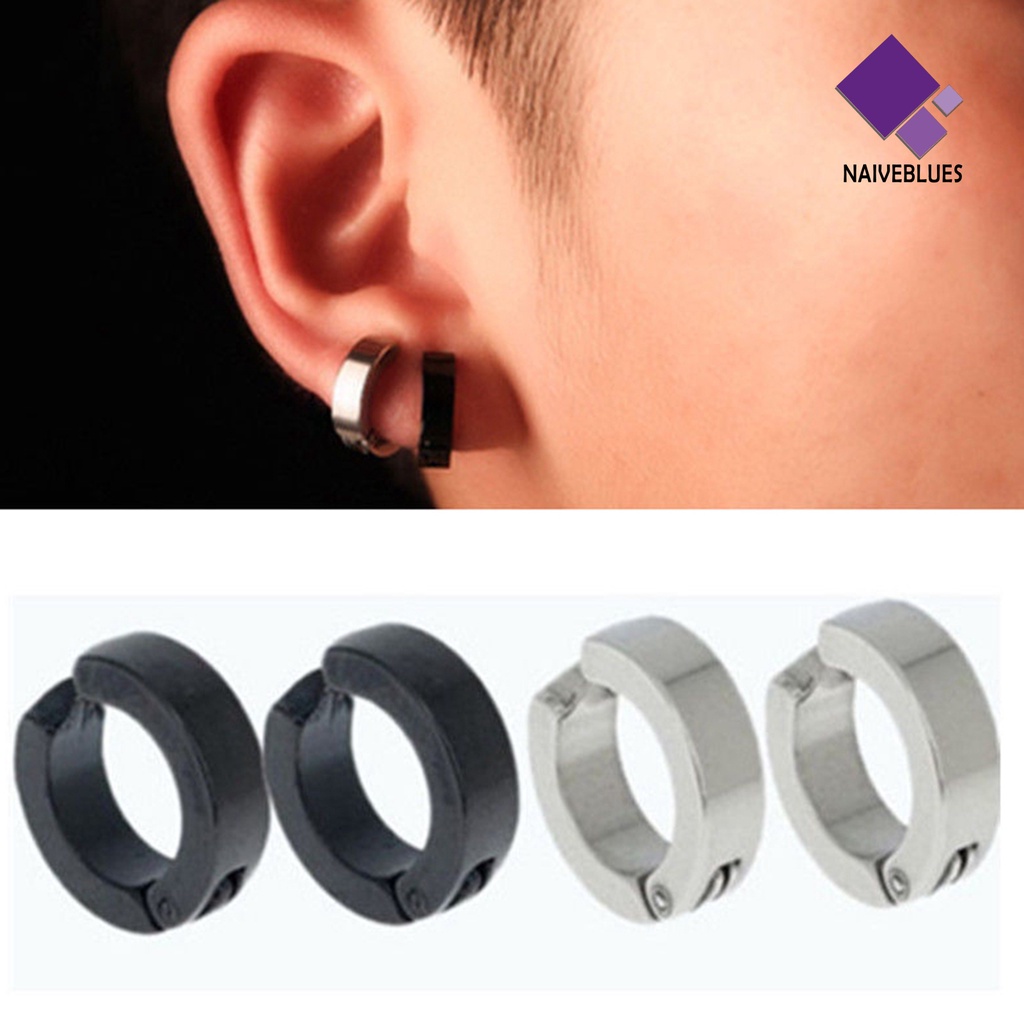 Naiveblue &gt; Anting Klip / Cuff Gaya Punk Bentuk Bulat Bahan Stainless Steel Anti Karat Untuk Pria / Pesta