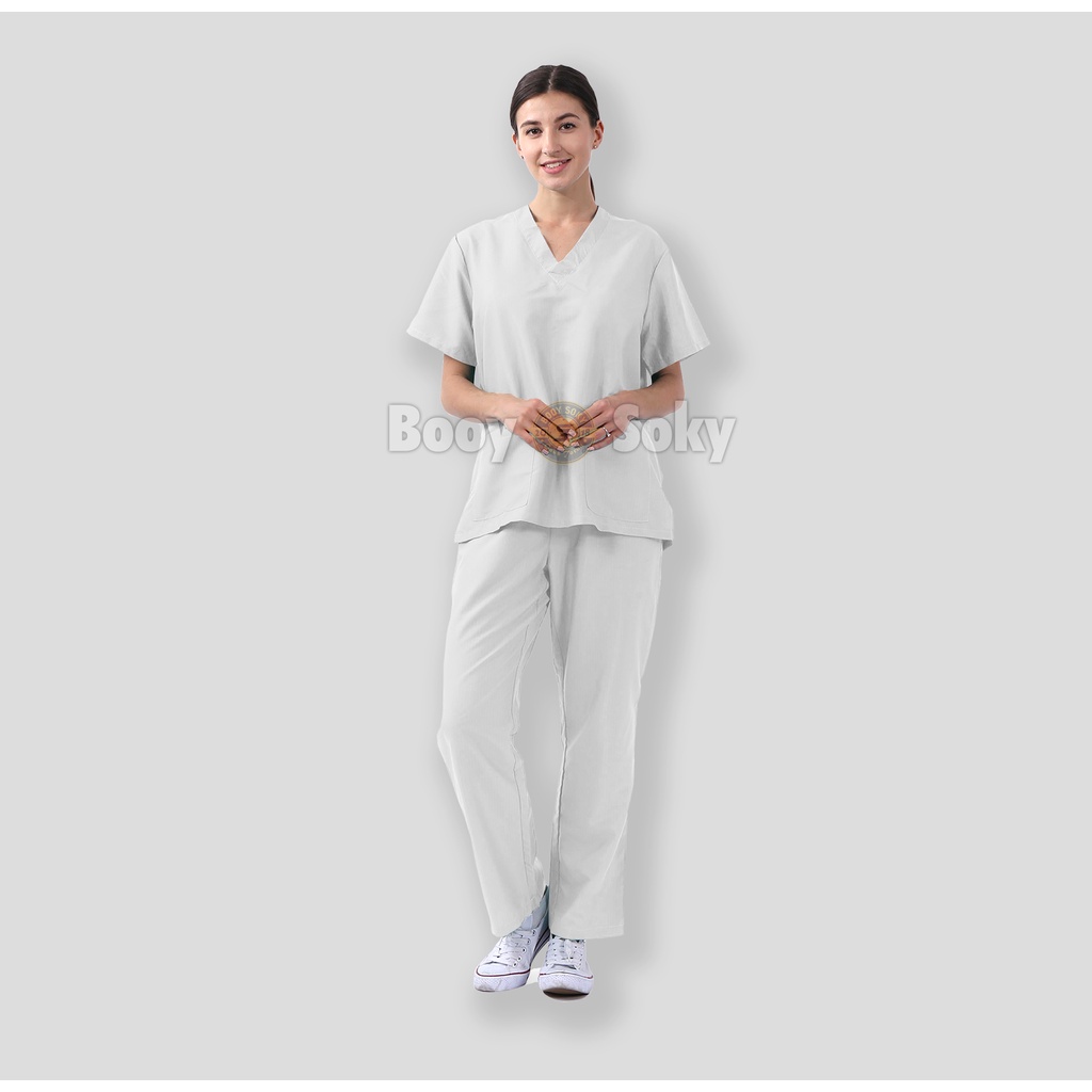 BAJU JAGA PERAWAT OK MEDIS LENGAN PENDEK WANITA PRIA SERAGAM OKA SCRUB MEDICAL AMERICAN DRILL TERBARU KEKINIAN V NECK SET WARNA PUTIH MEREK BOOY SOKY