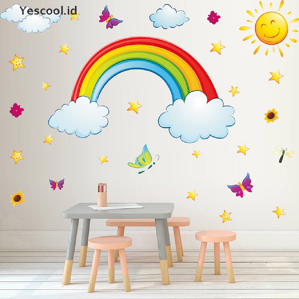 【Yescool】 Pretty Shining Stars On Rainbow Cloud Butterflies Wall Stickers Room Decor Decal .