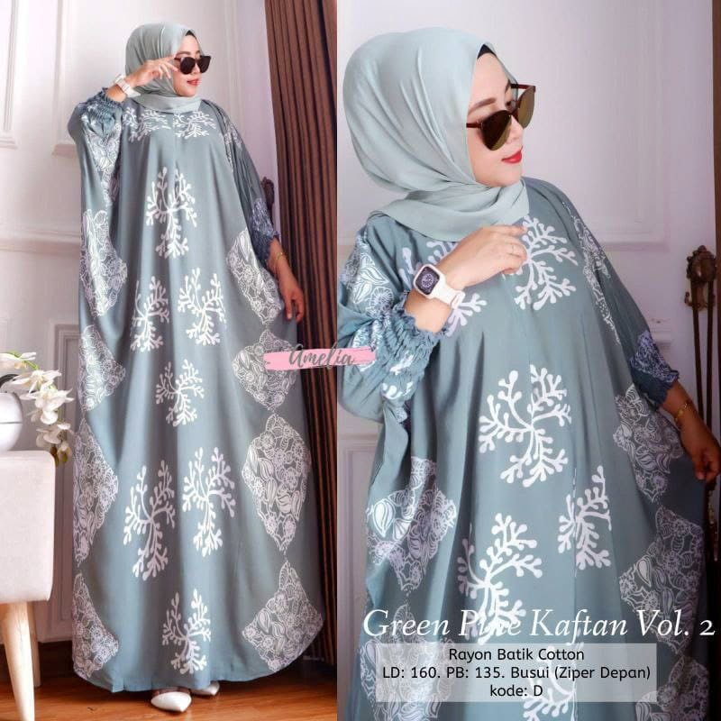 Green Pine Kaftan Motif Batik Cap Encim Soft Color Jumbo XXXXL Rayon Tebal Busui Resleting / Gamis Rayon Kaftan Wanita