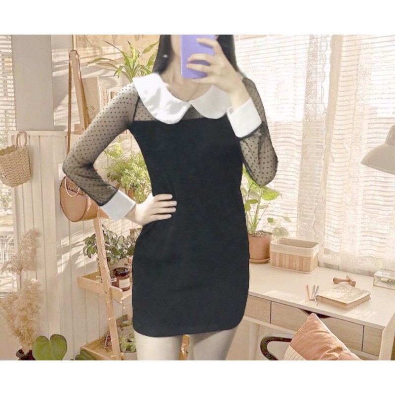 Top Atasan Mini Dress fit bodycon black white hitam putih korea polkadot brukat bordir tulle tile