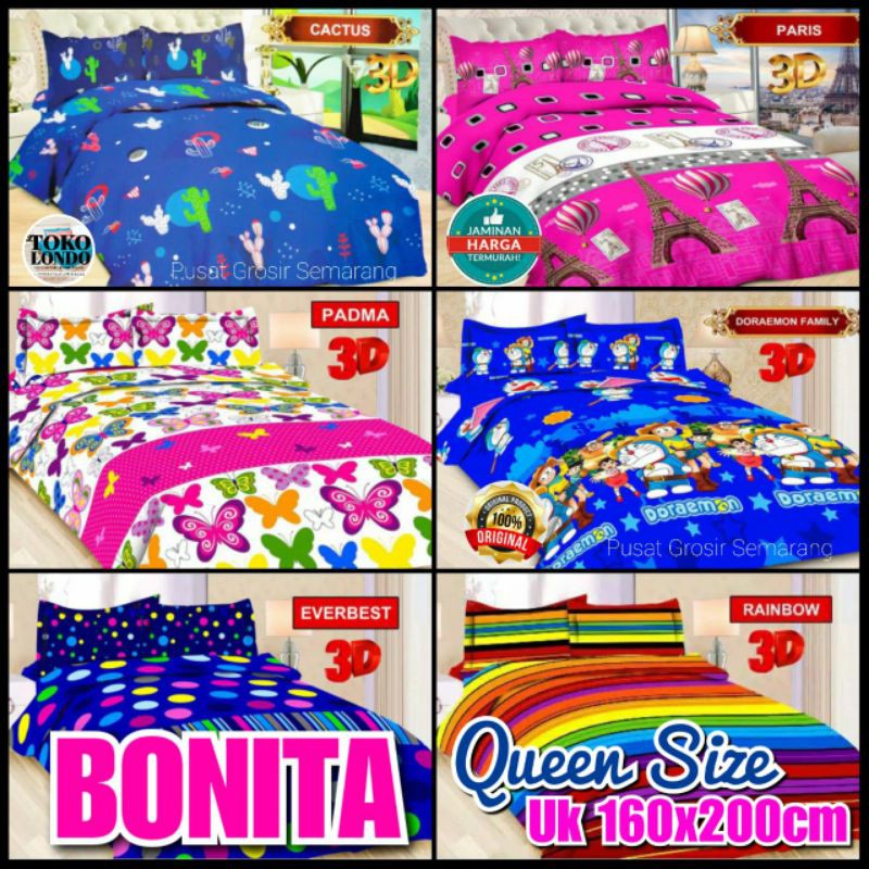 Sprei BONITA Queen Size uk160x200 Motif ABSTRAK &amp; ANAK Anindia Belinda Bellavista Butterfly Beautiful Rose Casablanca Citra Cactus Jayanti Lydia Marble Miami Messi Nadine Mexico Nagita Palma Rania Spectrum Texas Wedding