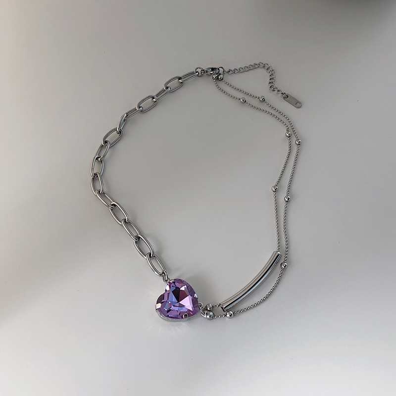 Asymmetrical Necklace Accessories Purple Heart Rhinestone Clavicle Chain Double Short