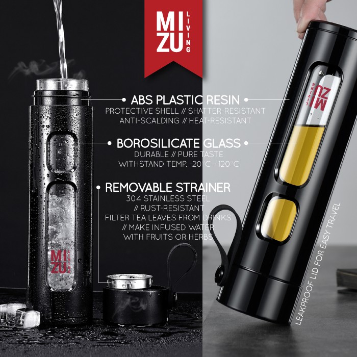 HOUJI-CHA Glass Water Bottle Botol Air Minum Kaca Tumbler 450ml Saringan Teh Infused Water BPA-Free-1