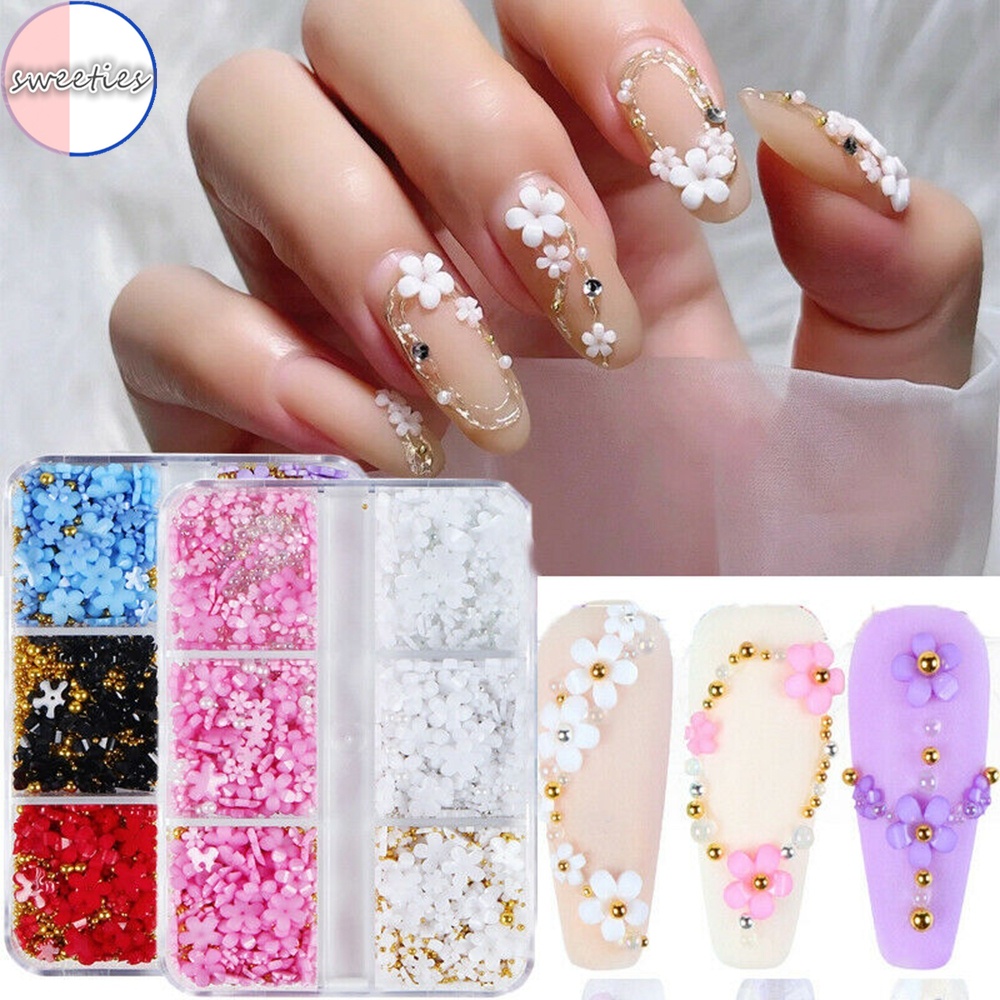 Kotak 6 Sekat / Kotak Manik-Manik Bunga Resin retro Warna-Warni Untuk Nail Art DIY