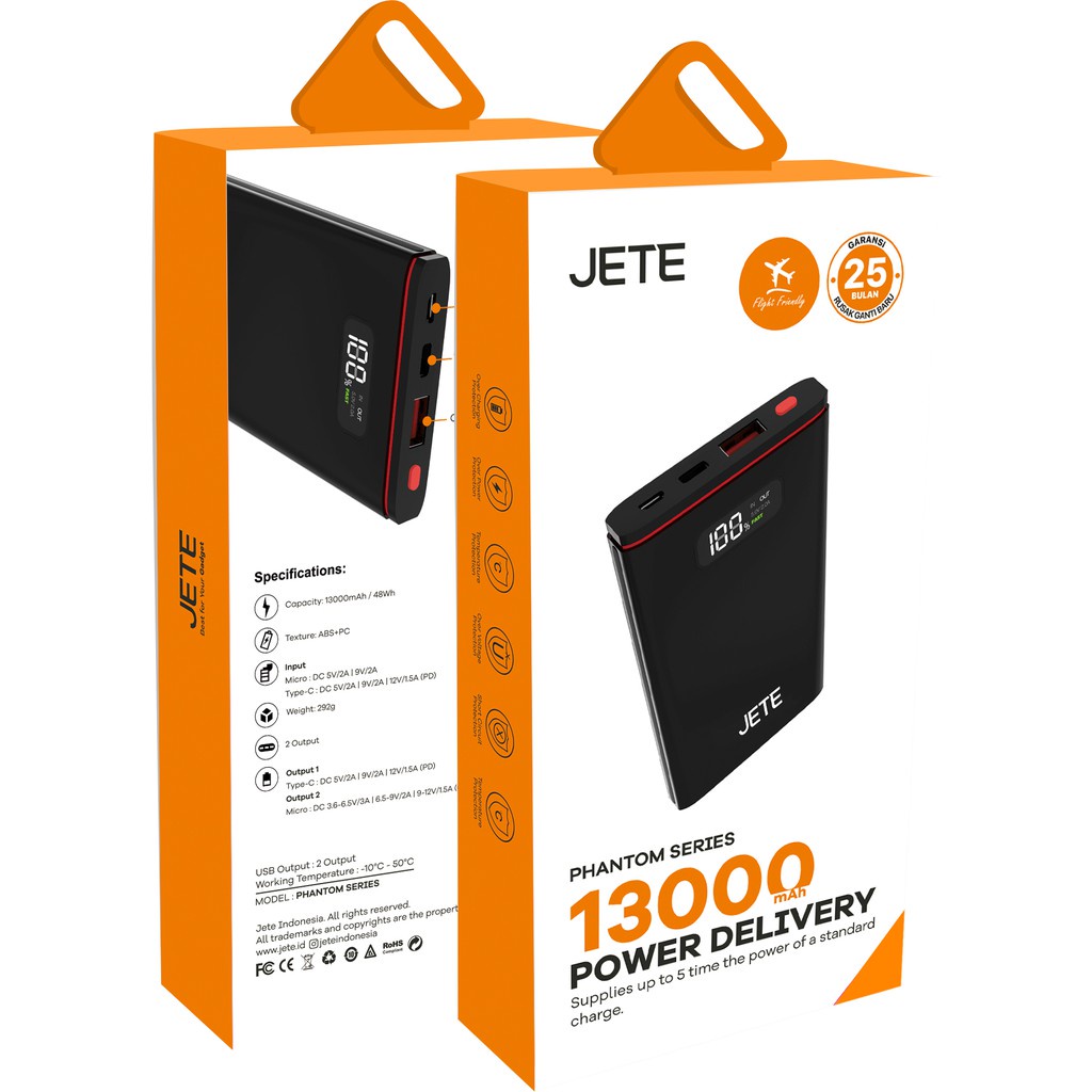 PowerBank 13000 MaH Power Delivery Quick Charge | Fast Charging | Smart IQ Technology 3.0 JETE Phantom - Garansi 2 Tahun