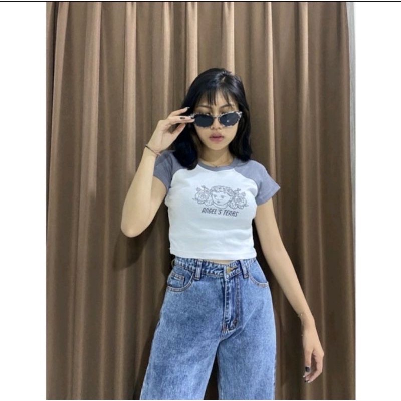 Tq88indonesia Fashion Baju  Crop Kaos Wanita Terbaru / Crop Tee Angel Tears | Crop Top Raglan / Tshirt Wanita Lengan Kimono / Baju Kasual Wanita / Baju Santai Cewek / Baju Seksi Wanita / Ootd