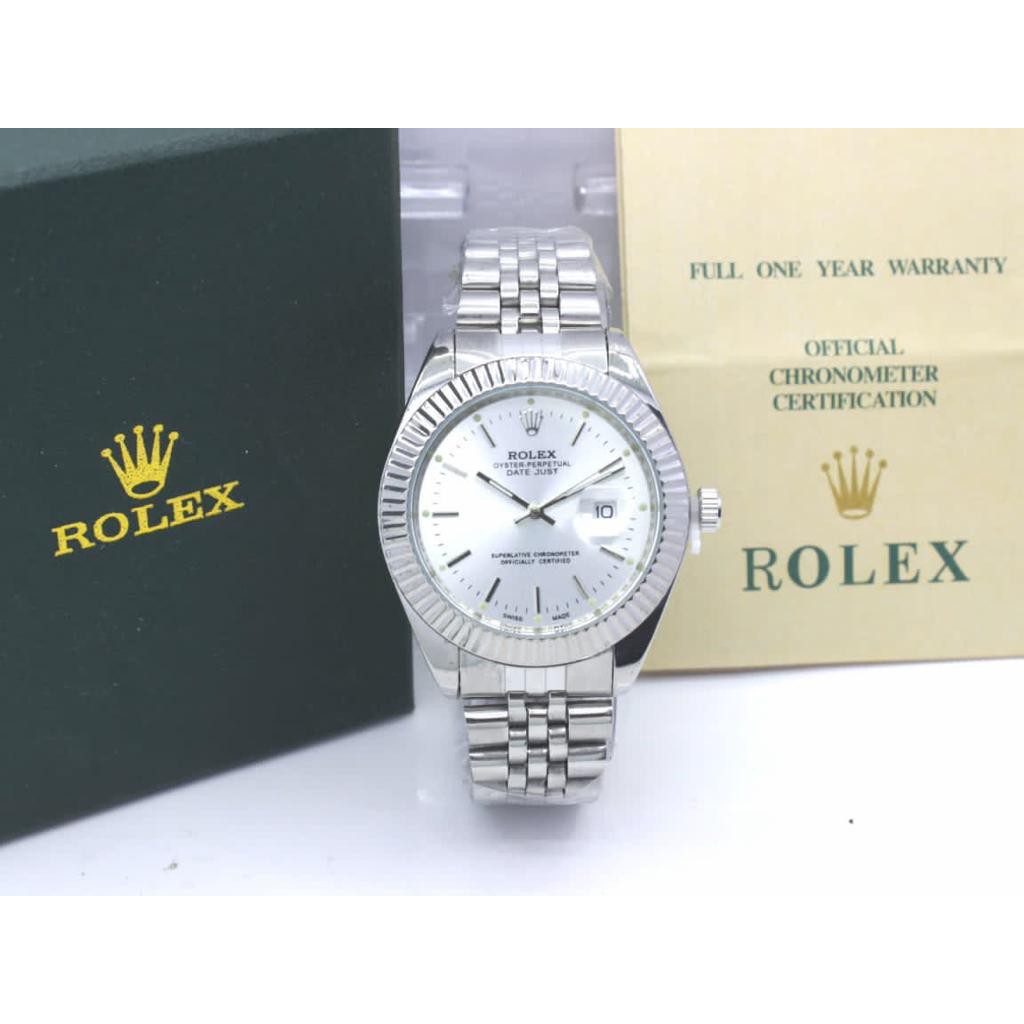 Jam Tangan Pria Rolex Rantai Silver Plat Warna Tanggal Aktif Free Box Exclusive