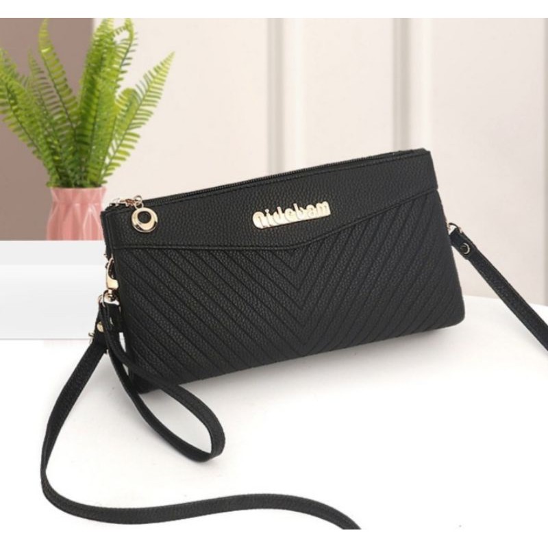 tas selempang pesta 2 sleting wanita hitam kulit import valley