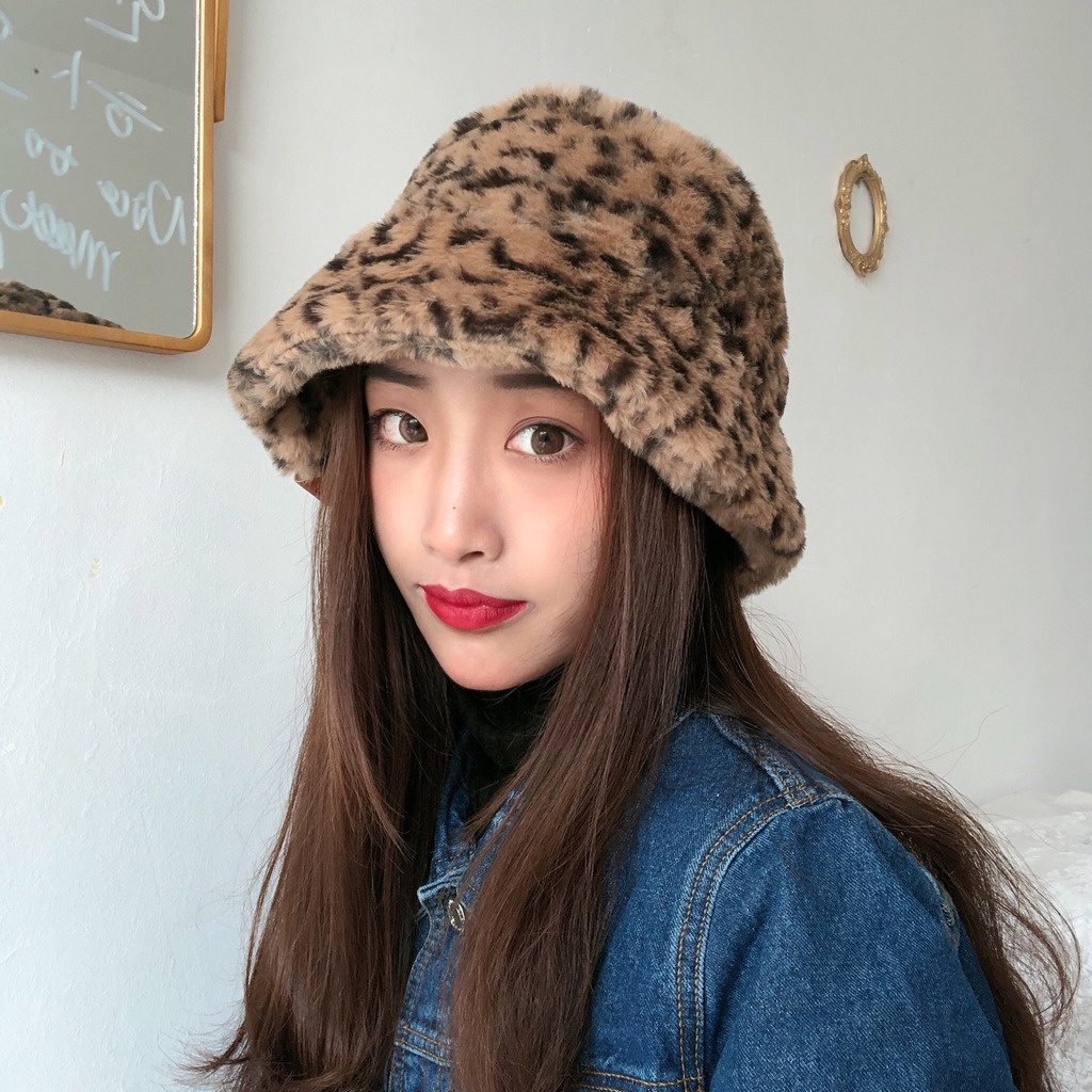 Topi Nelayan Motif Print Leopard Bahan Plush Gaya Retro