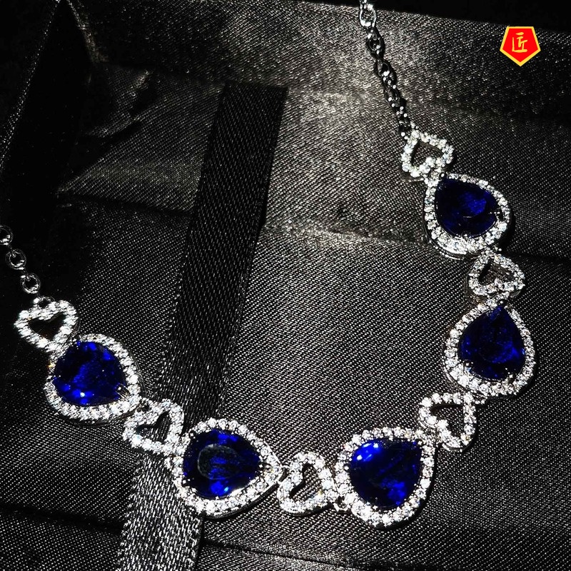 [Ready Stock]Luxury Micro-Inlaid Diamond Ocean Heart Necklace Sapphire Bracelet