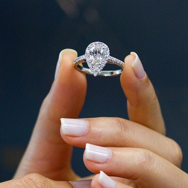 Cincin Kawin/Tunangan Wanita Bentuk Pir Hias Berlian Natural 14k Ukuran 6-10