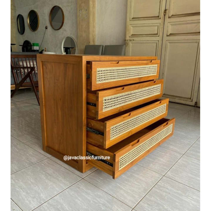 BUFET TV RETRO ROTAN MINIMALIS CABINET LACI 4 SCANDINAVIA PAJANGAN RUANG TAMU SERBAGUNA BAHAN KAYU JATI TPK MEBEL FURNITURE-1