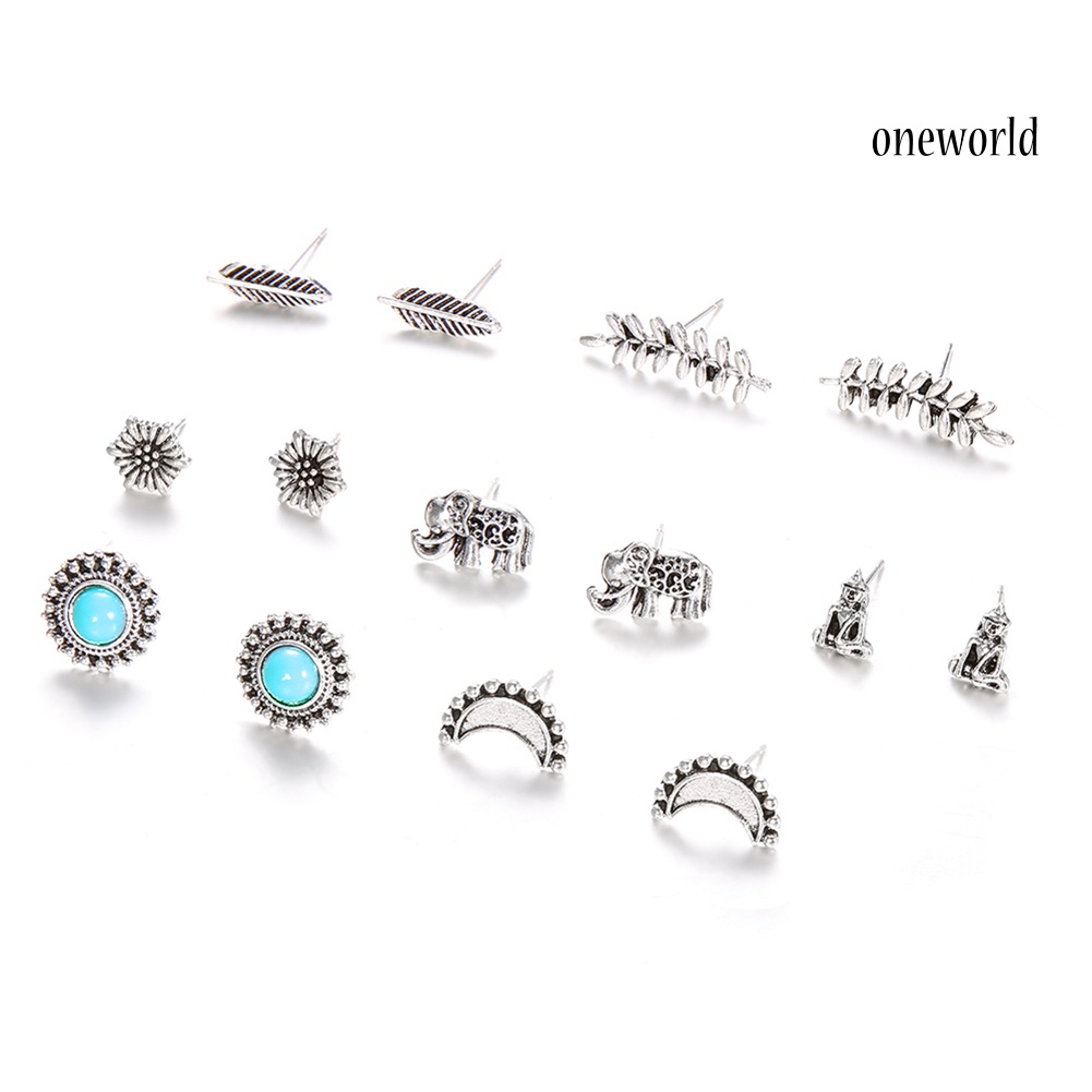 OW@ 7Pairs Earrings Set Women Boho Elephant Flower Feather Buddha Ear Stud Jewelry