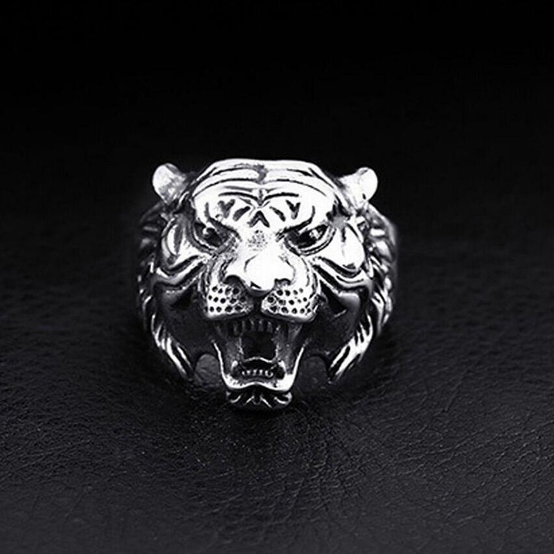 Cincin Desain Kepala Harimau Gaya Punk Rock Retro Untuk Pria