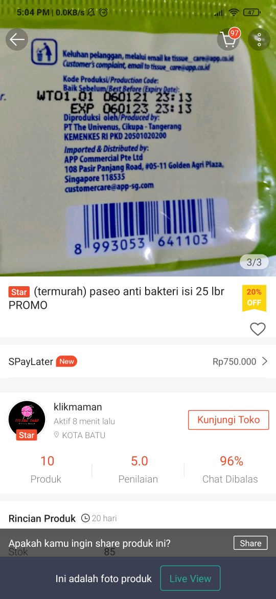 (termurah) Paseo Anti Bakteri Isi 25 Lbr Promo