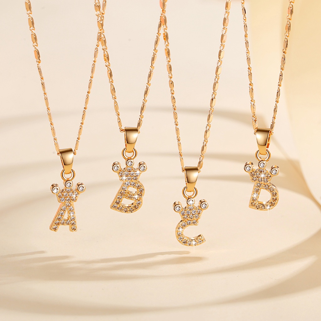 Y555【COD】Kalung Titanium Liontin Huruf Xuping Lapis Emas Kalung Mahkota Alfabet titanium Wanita Permata Perhiasan 18k