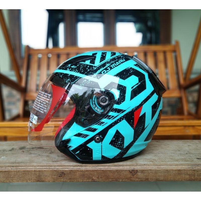 Helm Half Face KYT DJ Maru Motif Seri 16 Black Aqua Biru Tosca Murah SNI 100%ORI