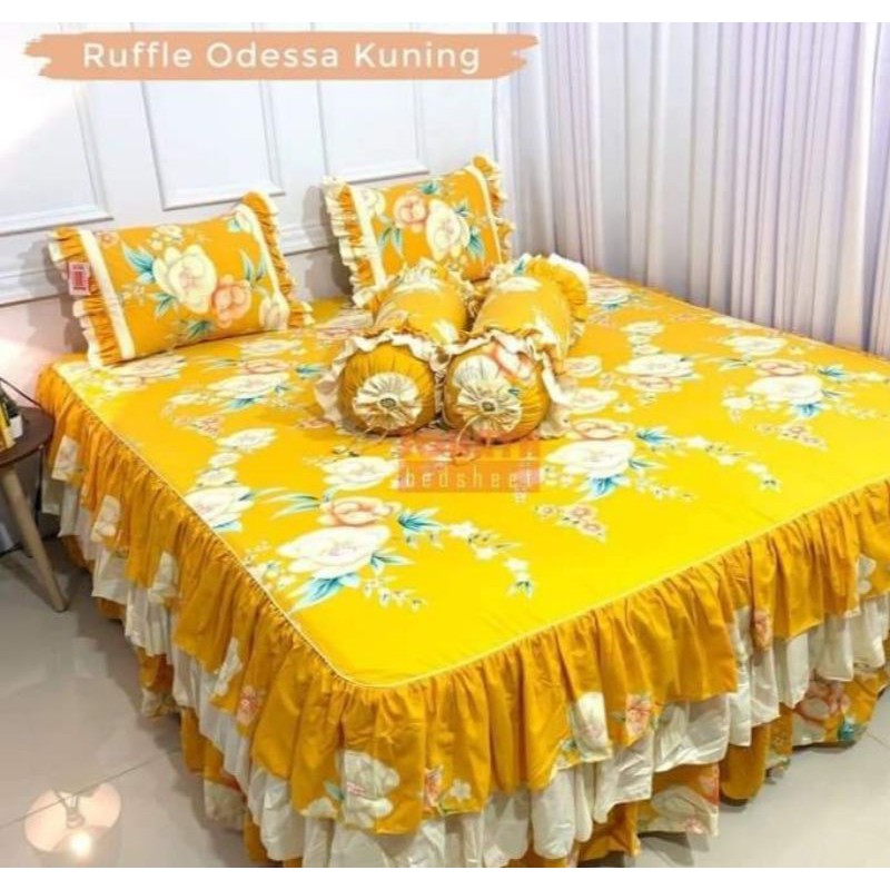 Sprei katun rumbai pengantin susun 3 bahan katun motif Odessa Kuning ukuran 180*200