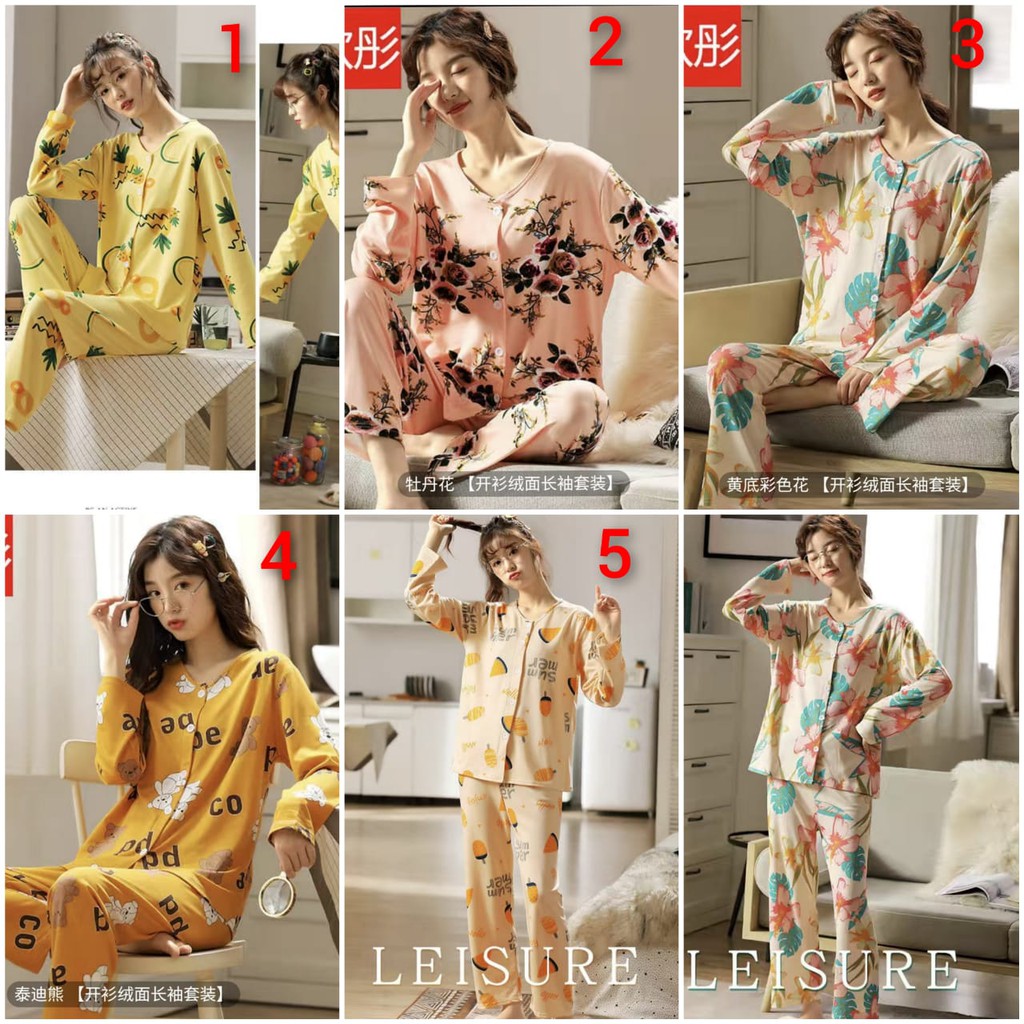 Baju tidur piyama bahan spandek import lengan panjang celana panjang kancing lima PPspandek059