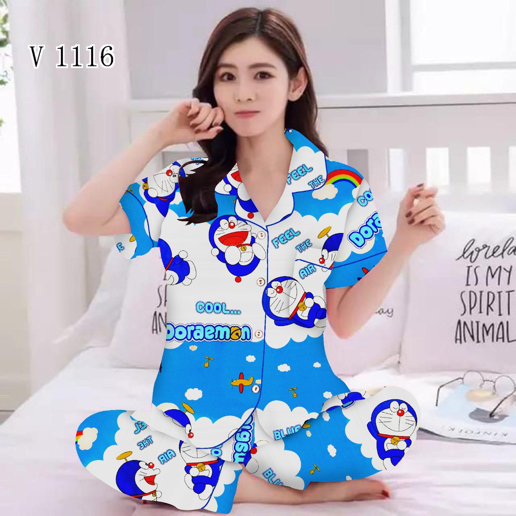 BJ - Piyama CP Wanita Murah - Bahan Katun - Baju Tidur Lengan Pendek Motif Karakter-Doraemon Awan - Biru