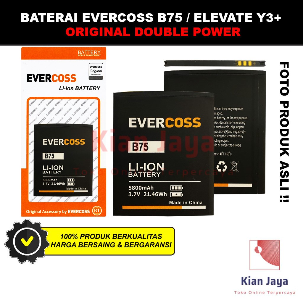 Baterai Evercoss B75 Elevate Y3 Plus Y3+ Original Double Power Batre Batrai Battery Hp Ori