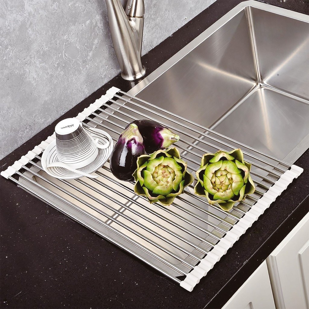 OVER THE SINK KITCHEN DISH DRAINER DRYING RACK ROLL-UP FOLDINNG STAINLESS STEEL