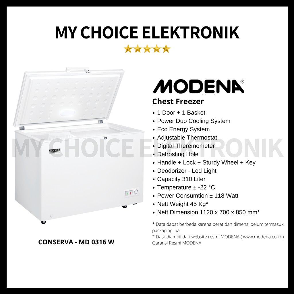 Modena Chest Freezer MD 0316 W - Freezer Box 310 liter 1 Pintu