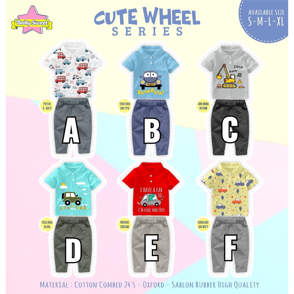SET CUTE WHEEL 1-5 th By BABY SWEET / Setelan Kaos Polo Anak Cowok Motif kendaraan