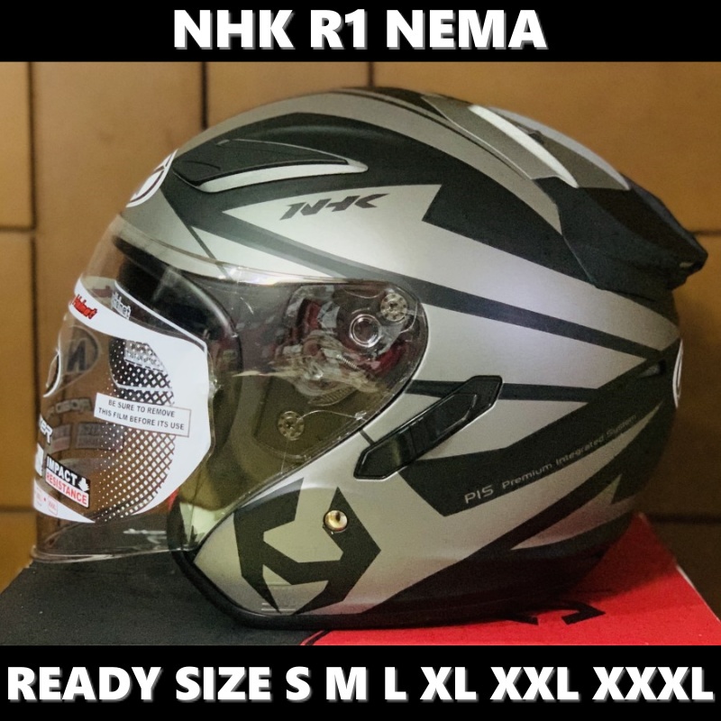 Helm NHK R1 Nema Black Silver Doff Hitam Perak Dop Double Visor Half Face - Helem Motor SNI DOT Tour