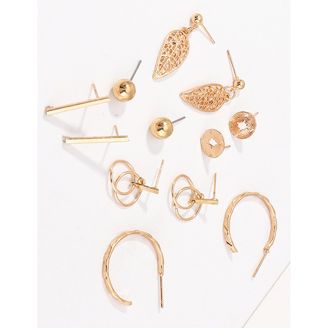 LRC Anting Tusuk Fashion Golden Geometric Alloy Ring C-shaped Leaf Earring Set D81680