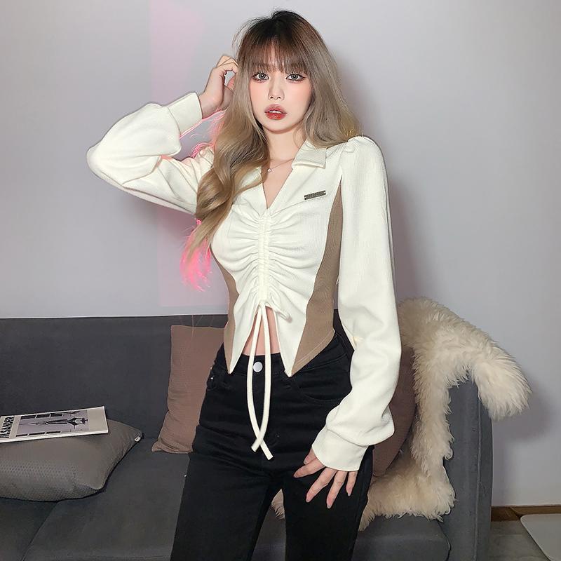 Suhao Gaun Musim Semi Eropa dan Amerika Baru Warna Solid Slim Crop Fashion Turtleneck Shirring Lengan Panjang T-Shirt Wanita