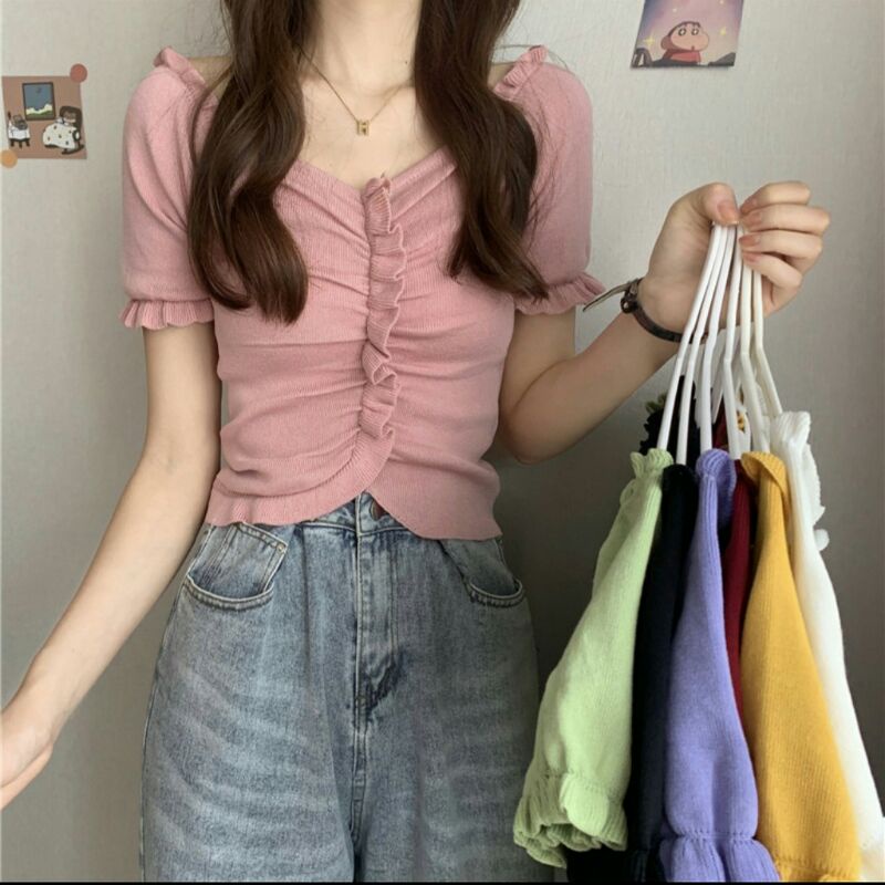 3478 Baju atasan blouse RAJUT KNIT CROP TOP lengan pendek Korea Korean style wanita import baju atas