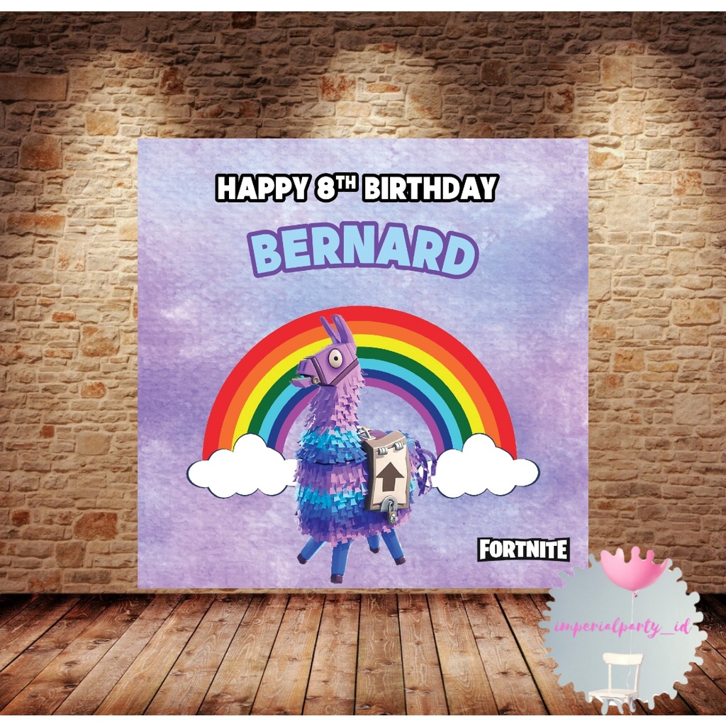 Custom Backdrop Banner Spanduk Happy Birthday Fortnite Llama Animal