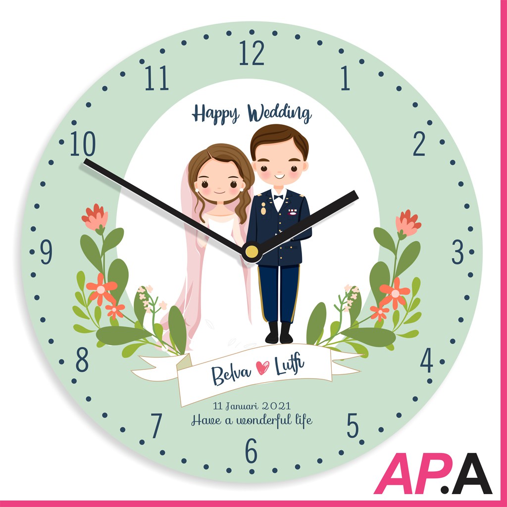 Jam Dinding Kayu Custom Nama Karakter Hadiah Wedding TNI Polri Kado Ultah Nikah