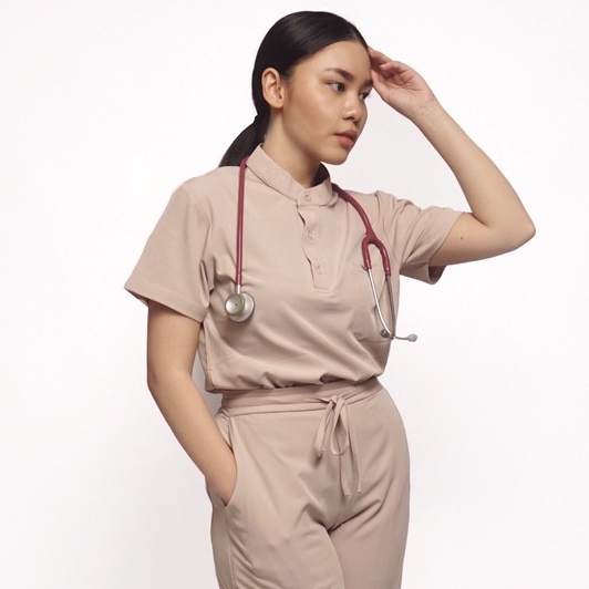 Baju Jaga MSS - CREAM Scrubs on Call Stretchy Lengan Pendek