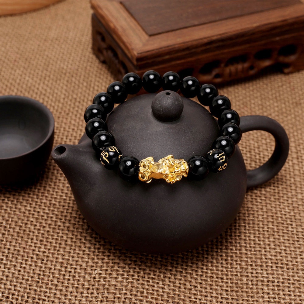 Gelang Feng Shui Pixiu Luck Wealth Buddha Black Obsidian stone Beaded Bracelet