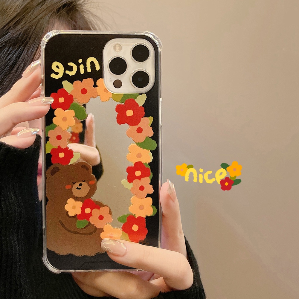 Case Motif Kartun Beruang Dengan Cermin Untuk Iphone 7 8 PLUS X XR XS 11 12 13 MINI PRO MAX SE 2020