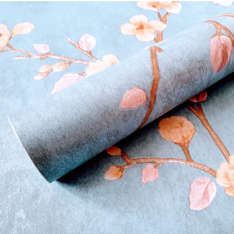 Wallpaper Sticker Dinding Motif Bunga Sakura Biru Panjang 10Meter x Lebar 45cm