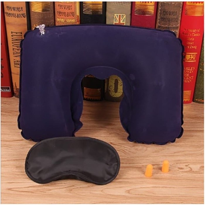 Bantal Angin Leher 3 in 1 untuk Travel - Bantal Leher + Penutup Telinga &amp; Mata` Camping Neck Pillow Set