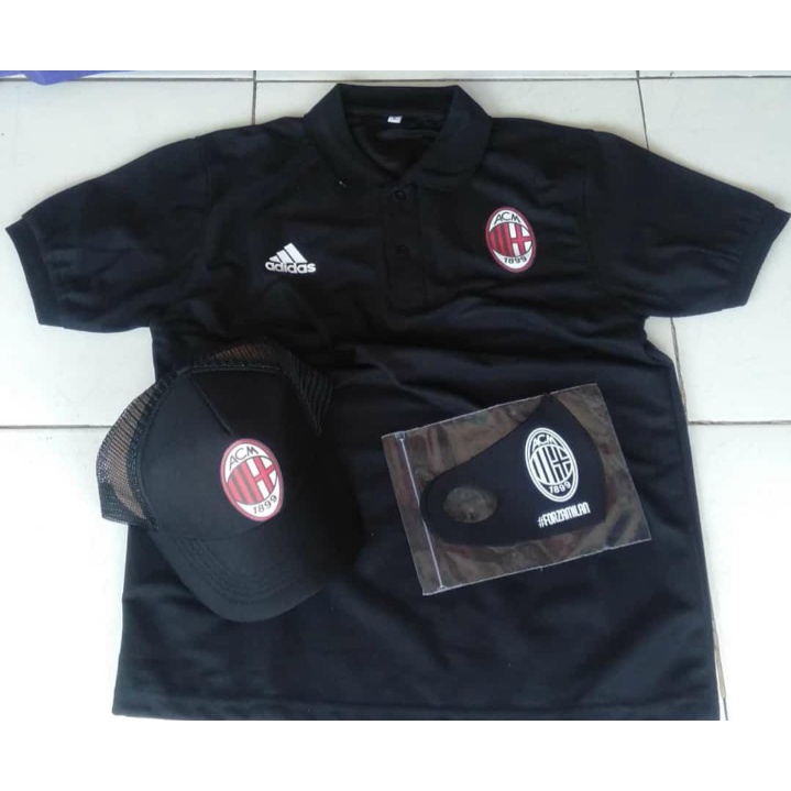 Polo Shirt Paket Topi AC MILAN Paket Topi Free Masker dan inisial nama