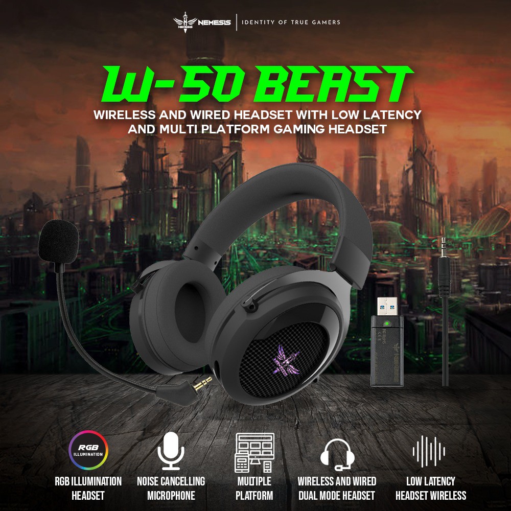 Headset gaming nyk nemesis Wired 3.5mm wireless 7.1 sound Rgb 2in1 beast W 50 W50 - Headphone