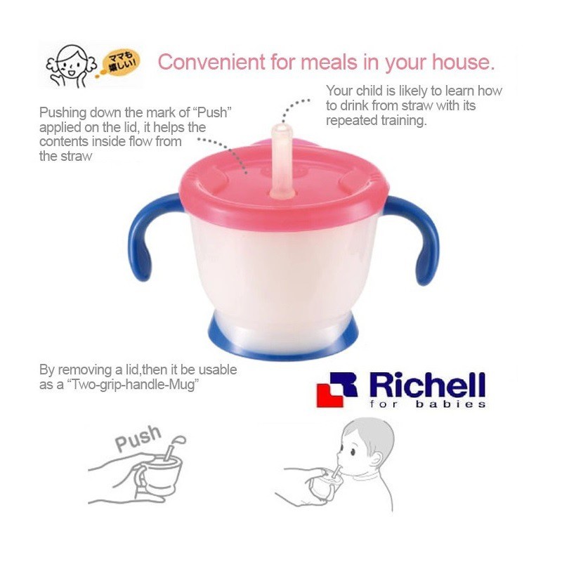 Richell Baby Aqulea Cup de Mug 150ml Straw Training Bottle Gelas Minum Bayi Dengan Sedotan