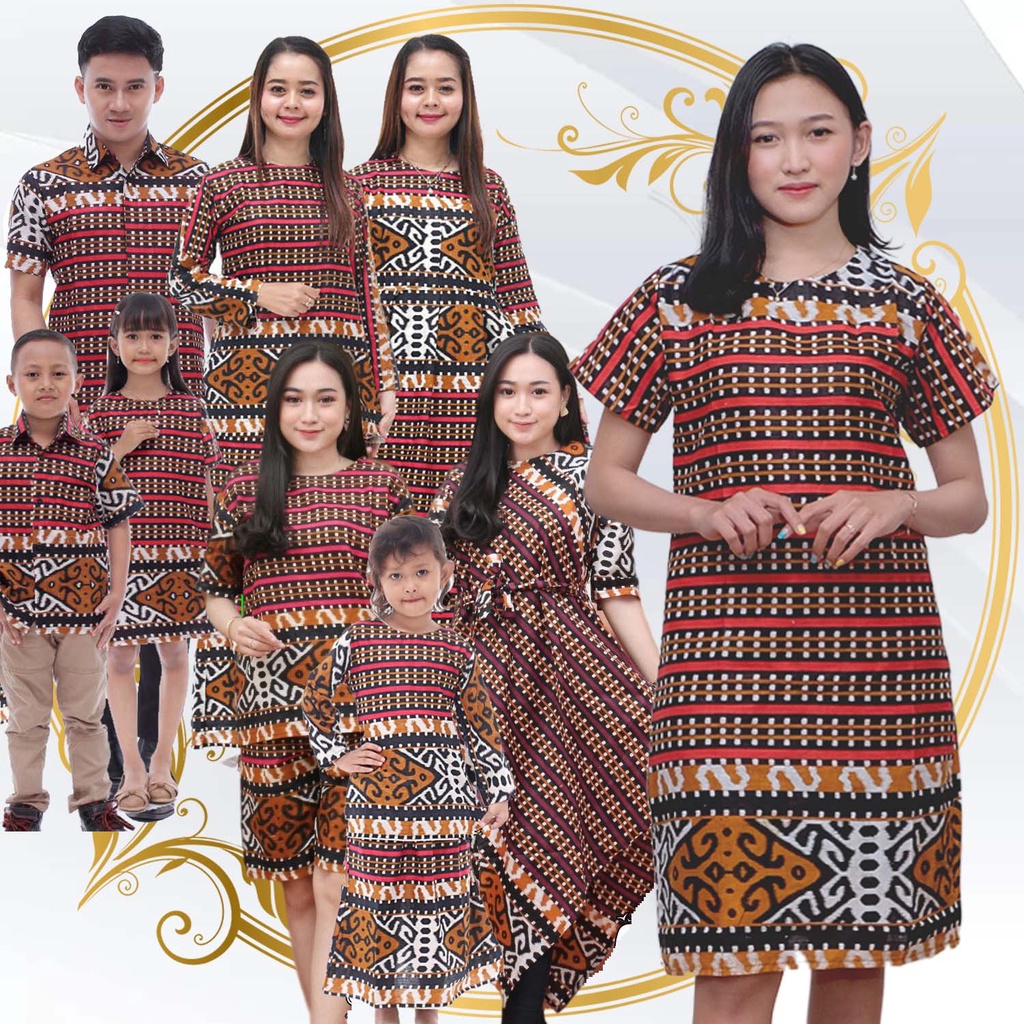 Set Keluarga - Batik Keluarga - Ibu Bapak Anak - Motif Songket Tenun Kulit Macan Merah - Dress Tunik